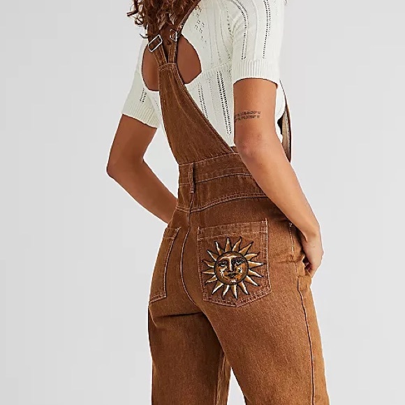 Free People Tudor Dungarees Vintage Floral Sun Brown Festival Denim Overalls - Picture 5 of 8